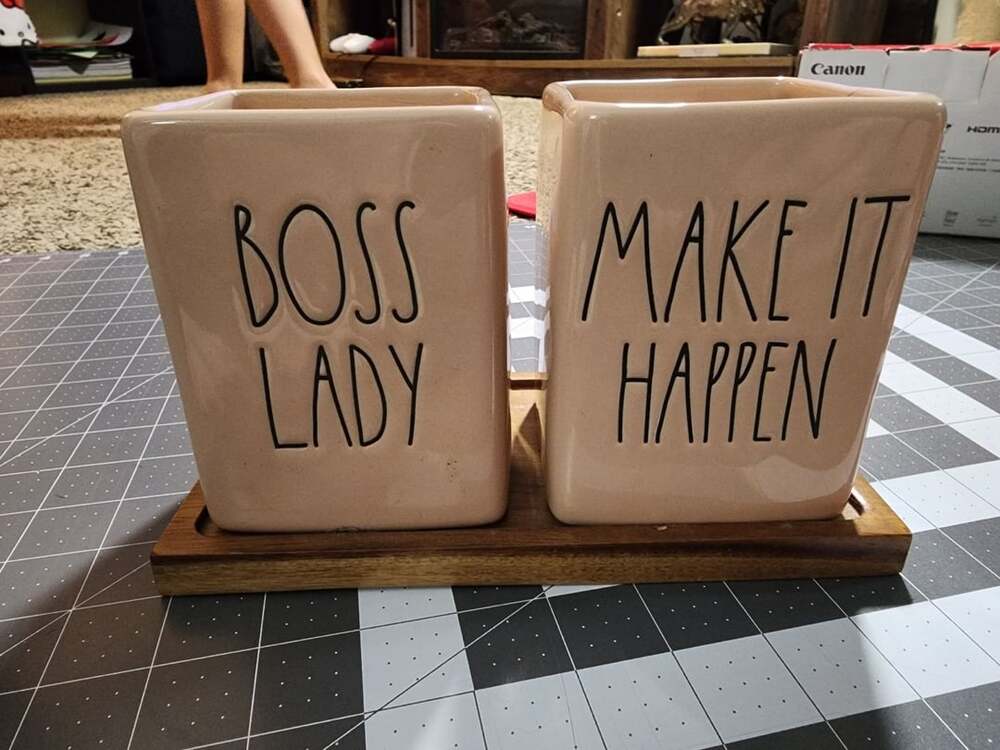 Rae Dunn Boss Lady Make It Happen Desk Organizer Set With Wood Tray